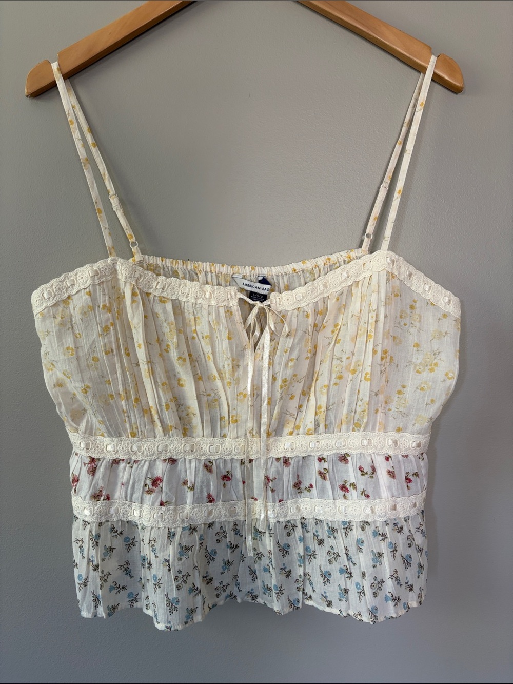 American Eagle Patchwork Cami Tank Top Large NWT Boho Lace Ribbon Floral Ivory